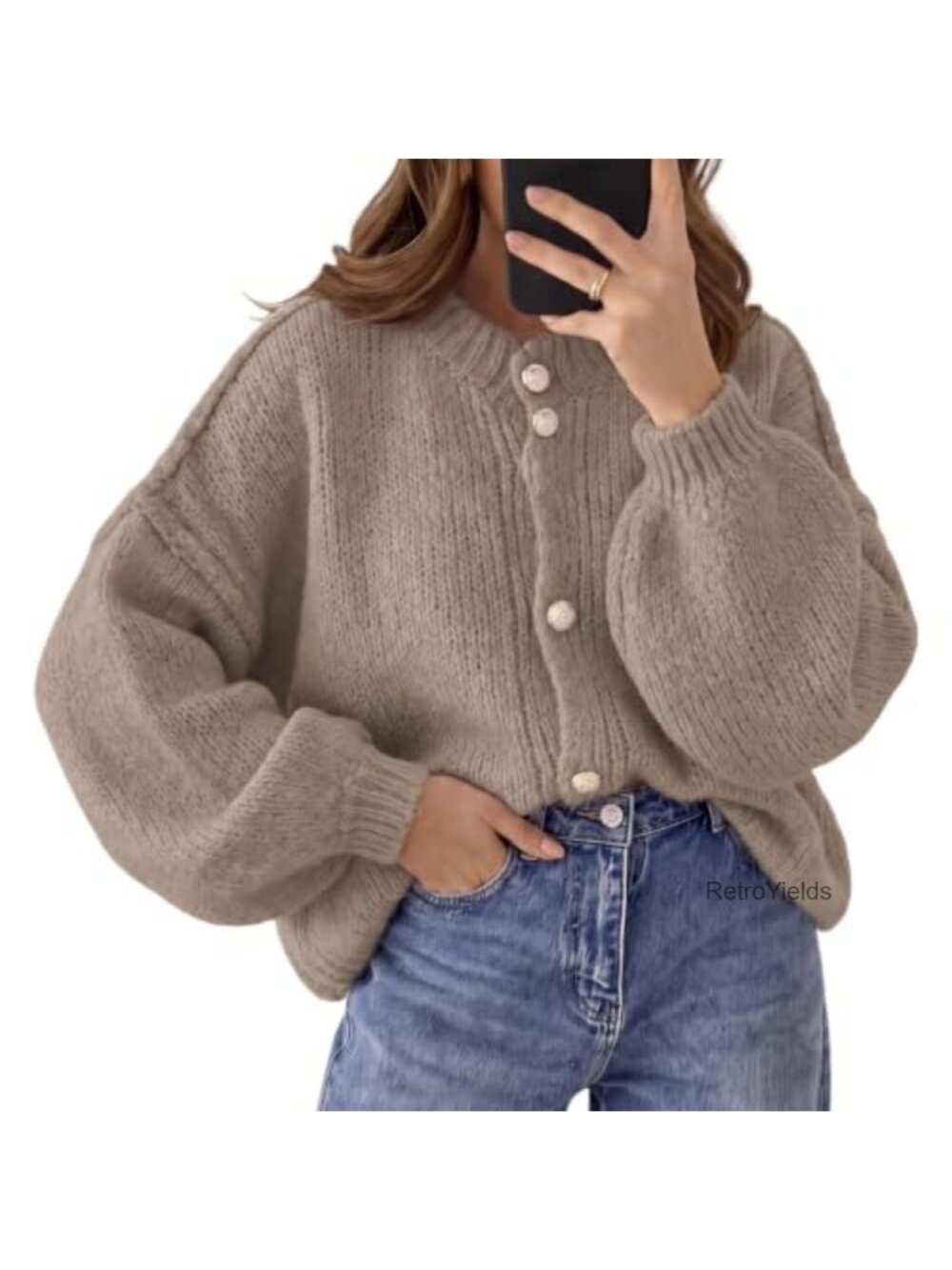 Oversized Chunky Knit Cardigan Button Up Lantern Sleeve Sweater
